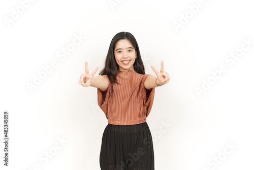 Showing Peace Sign Of Beautiful Asian Woman Isolated On White Background