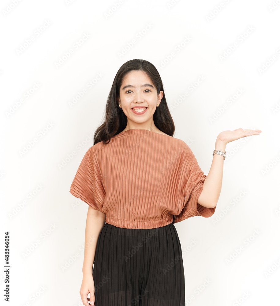 Showing and Presenting Product on Open Palm Of Beautiful Asian Woman Isolated On White Background Showing and Presenting Product on Open Palm Of Beautiful Asian Woman Isolated On White Background