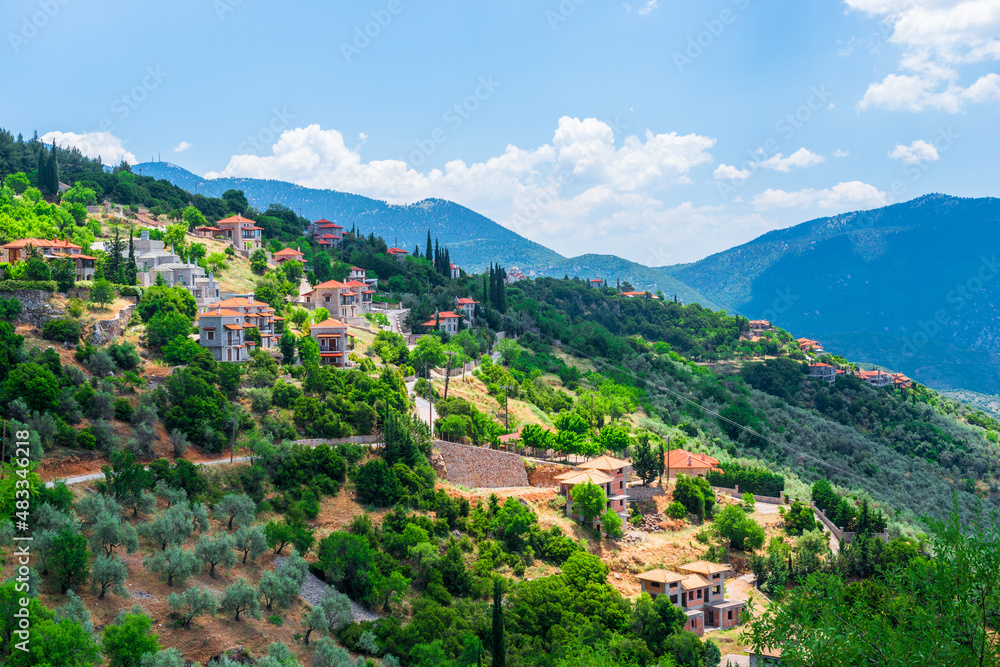 Obraz premium Mountain landscape. View of a green mountains on a sunny, spring day (Peloponnese, Greece)