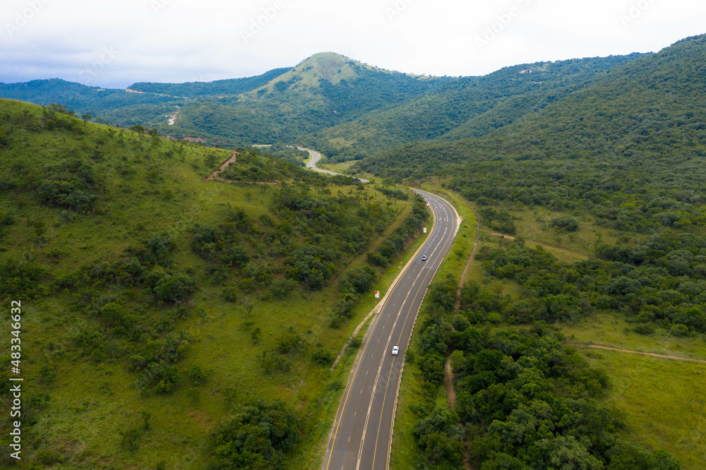 Drone view from the Panorama Route near Graskop. South Africa's most beautiful road trip. Transvaal-Drakensberg in Mpumalanga Province in eastern South Africa. The route, known as the panorama route.