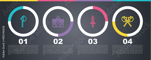 Set line Medieval axe, Castle, fortress, sword and Crossed medieval axes. Business infographic template. Vector