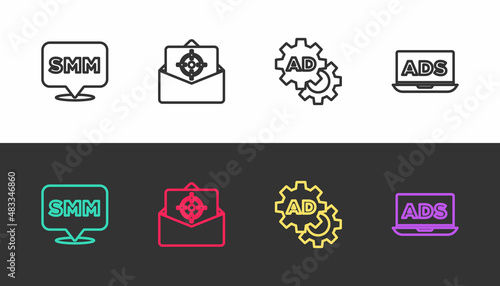 Set line Social media marketing, Mail and e-mail, Advertising and on black and white. Vector
