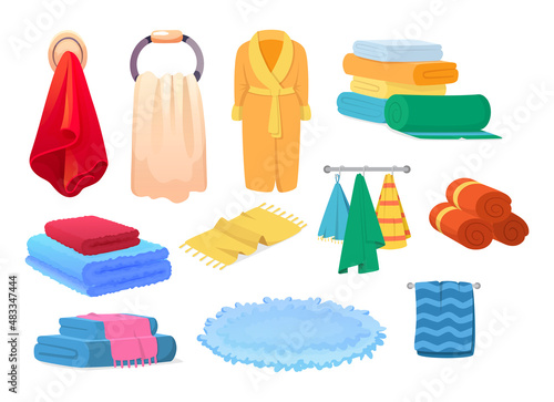 Differents bath towels, bathrobes, towel drying vector