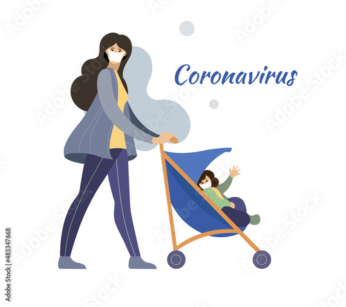 Family with children in pram wearing protective face masks, protection against chinese virus