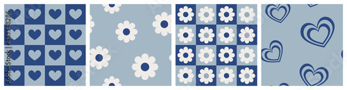 1970 Chamomile and Heart Retro Seamless Pattern on Blue Checkered Background. Hand-Drawn Vector Illustration. Seventies Style, Groovy Floral Background, Wallpaper, Print. Flat Design, Hippie Aesthetic