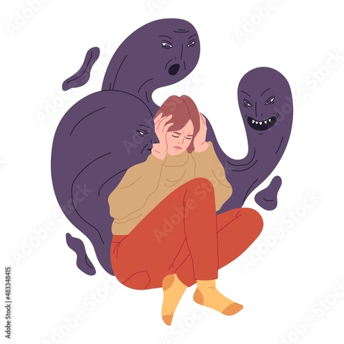 Conceptual illustration of scared lady sits huddled in fear, dark spirits fly around her and whisper in her ear. A symptom of schizophrenia: voices.of a mental disorder. Flat cartoon picture.