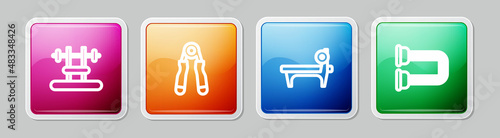 Set line Bench with barbel, Sport expander, and Chest. Colorful square button. Vector
