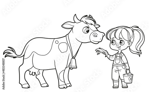 Cute cartoon girl with a bucket of milk feeds cow with hay outlined for coloring book on white background