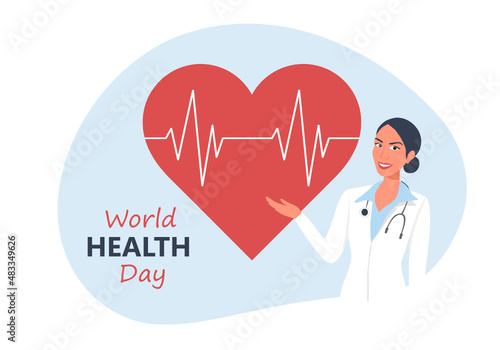 World health day concept, smiling woman doctor holding red heart rate beat vector illustration. Heart check up and health medical care design
