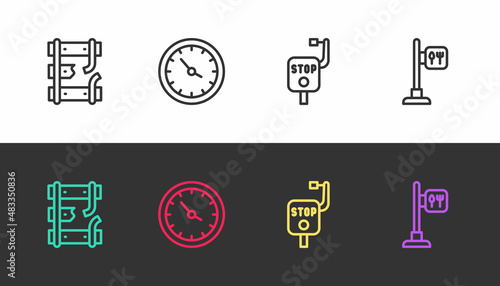 Set line Broken rails on a railway, Train station clock, Emergency brake and Cafe and restaurant location on black and white. Vector