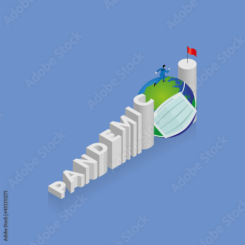 A man runs and steps up a stair, a staircase is text word PANDEMIC, arrange in alphabet order with red flag on top. The concept of overcome obstacle, economic crisis, and a pandemic of virus COVID-19.