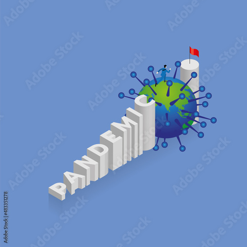 A man runs and steps up a stair, a staircase is text word PANDEMIC, arrange in alphabet order with red flag on top. The concept of overcome obstacle, economic crisis, and a pandemic of virus COVID-19.