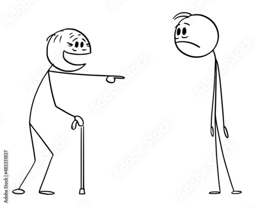 Senior or Old Person Mocking or Ridiculing Young Person, Laughing and Pointing, Vector Cartoon Stick Figure Illustration