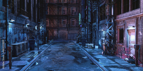 Wide panoramic view of a dark futuristic cyberpunk city street at night. 3D illustration.