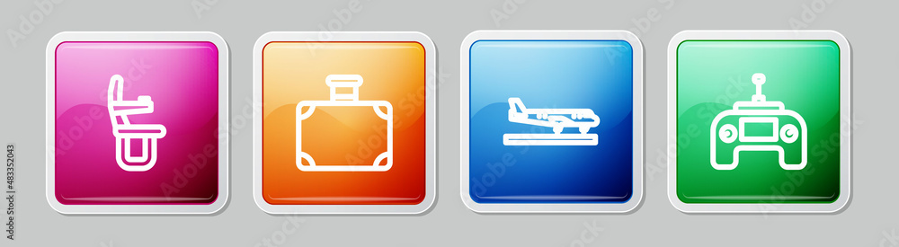 Set line Airplane seat, Suitcase, Plane and Drone remote control. Colorful square button. Vector Set line Airplane seat, Suitcase, Plane and Drone remote control. Colorful square button. Vector