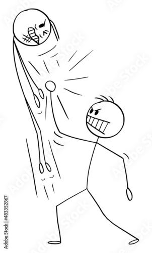 Two Persons Fist Fighting, Vector Cartoon Stick Figure Illustration
