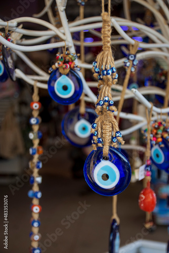 Evil eye bead protection amulet in the shop or market. One of the most popular souvenirs.