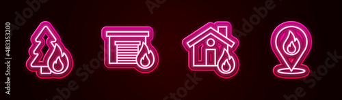 Set line Burning forest tree, Fire burning garage, house and Location with fire flame. Glowing neon icon. Vector