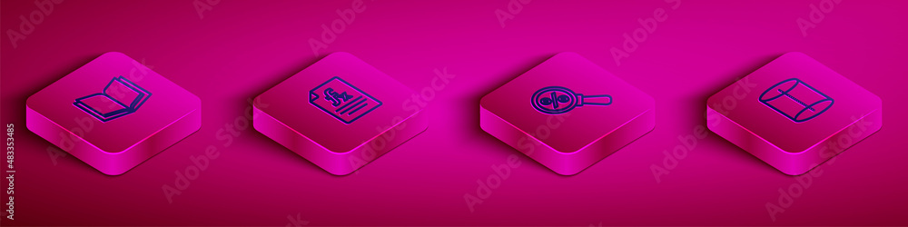 Set Isometric line Open book, Function mathematical symbol, Magnifying glass with percent and Geometric figure icon. Vector Set Isometric line Open book, Function mathematical symbol, Magnifying glass with percent and Geometric figure icon. Vector