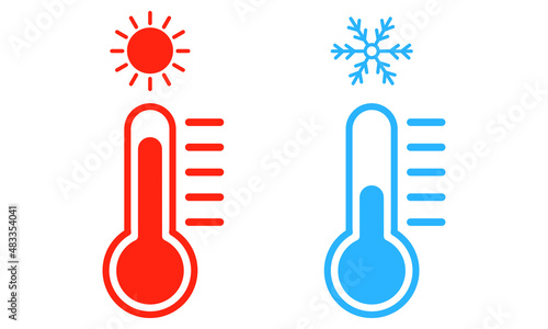 Set with blue and red thermometer on white background. Cold and hot weather. Vector Eps.
