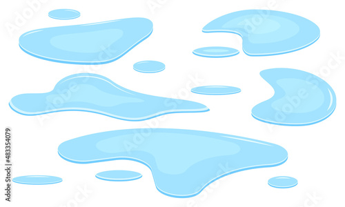 Flat blue water spill. Set of water puddle on cartoon style. Spilled liquid. Vector set.