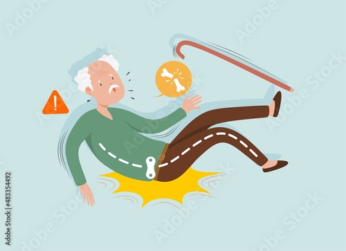 Falling elderly people. Dizzy senior fall down on floor, old person slip stumble flooring, injury accident elder man fracture risk falls grandfather.