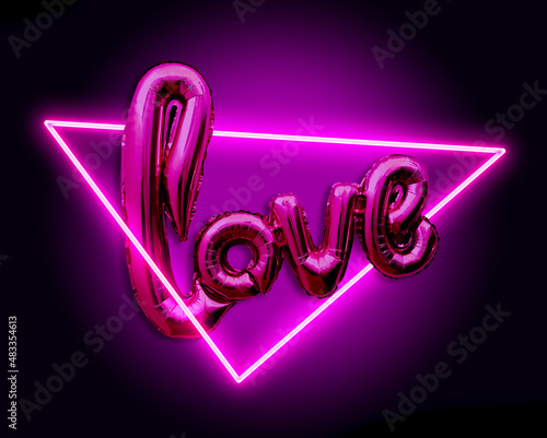 balloon - love text highlighted by neon light. Valentine's Day graphics for social media, poster, flyer