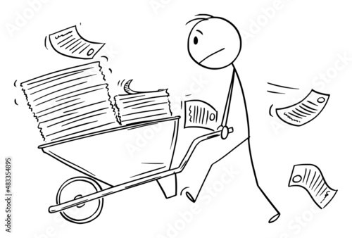 Businessman Pushing Pile of Documents on Wheelbarrow, Vector Cartoon Stick Figure Illustration