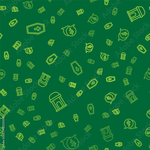Set line Coffin with cross, Old crypt and Grave on seamless pattern. Vector