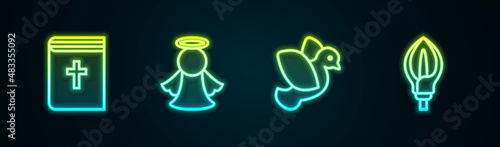 Set line Holy bible book, Angel, Dove and Lily flower. Glowing neon icon. Vector