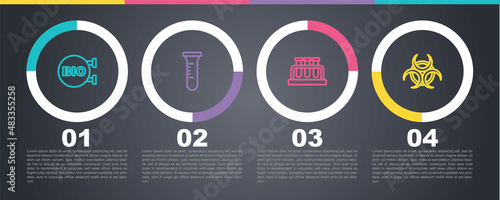 Set line Bio healthy food, Test tube and flask, and Biohazard symbol. Business infographic template. Vector