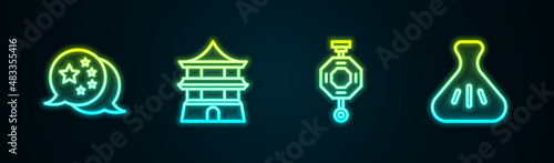 Set line China flag, Chinese house, paper lantern and Dumpling. Glowing neon icon. Vector