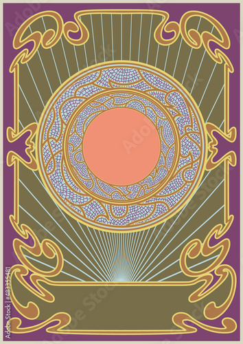 Art Nouveau Background, Frame. Vector Template for 1900s Style Posters, Covers, Invitations. Mosaic and Decorative Ornaments, Retro Colors