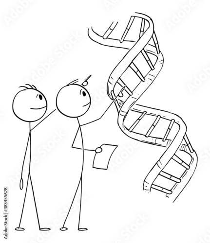 Scientists or Doctors Researching DNA Molecule, Vector Cartoon Stick Figure Illustration