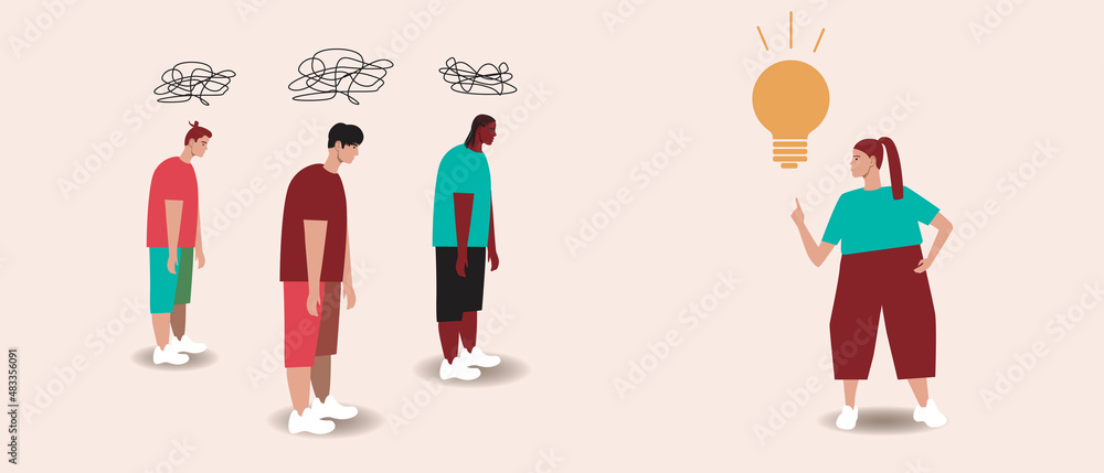 Feminist with an idea, chaos in the mind of people, Flat vector stock illustration with a light bulb as a symbol of the idea as a concept of women's achievements, feminism Feminist with an idea, chaos in the mind of people, Flat vector stock illustration with a light bulb as a symbol of the idea as a concept of women's achievements, feminism