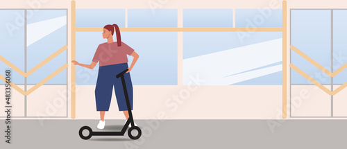 Subway salon with passenger with e-scooter, copy space template, Flat vector stock illustration for overlay with Woman carrying electric scooter in Bus or transport