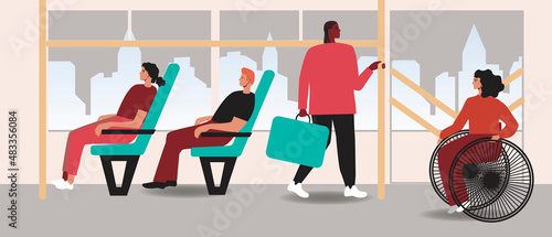 Disabled Passenger in Transportation, Flat Vector Stock Illustration from Bus, Train, Trolleybus, Tram with Low Platform