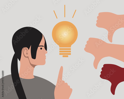 Feminist Idea, Public Disapproval, Flat Vector Stock Illustration with Hand with Thumbs Down or Dislike and Incandescent Light Bulb