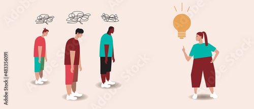 Feminist with an idea, chaos in the mind of people, Flat vector stock illustration with a light bulb as a symbol of the idea as a concept of women's achievements, feminism
