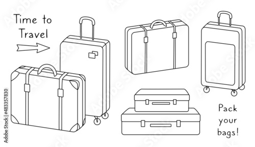 Collection of Travel Suitcases. Vintage Leather Travel Bag, Modern Suitcase on wheels and inspiration quotes. Black and white vector illustration of luggage. Concept of trip, journey, tourism.