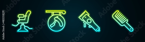 Set line Barbershop chair, with razor, Electrical clipper and Hairbrush. Glowing neon icon. Vector