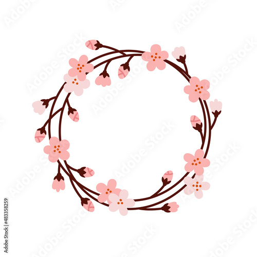 Cherry tree flowers wreath. Hand-drawn vector cherry branch, isolated on white background. Concept of spring floral, sakura blossom, spring season.