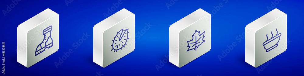 Set Isometric line Waterproof rubber boot, Chestnut, Leaf or leaves and Bowl hot soup icon. Vector Set Isometric line Waterproof rubber boot, Chestnut, Leaf or leaves and Bowl hot soup icon. Vector