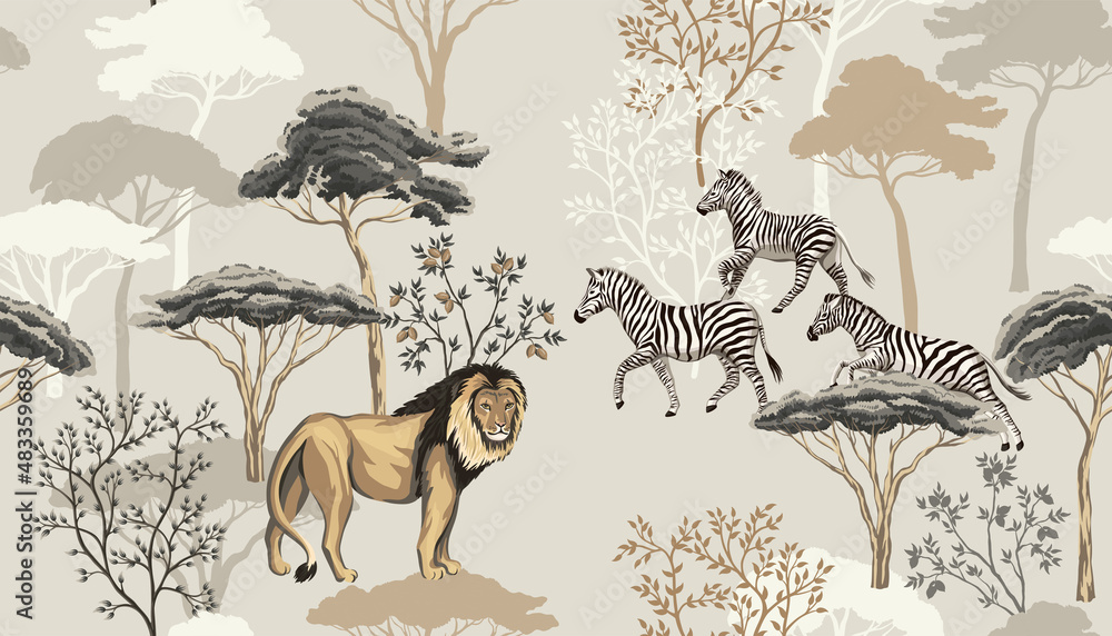 Tropical vintage animal lion, zebra, african trees floral seamless pattern  beige background. Exotic safari wallpaper. Stock Vector | Adobe Stock