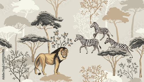 Tropical vintage animal lion, zebra, african trees floral seamless pattern beige background. Exotic safari wallpaper. © good_mood