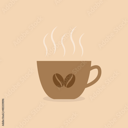 Coffee cup with beans and steam. Vector illustration of mug with hot drink