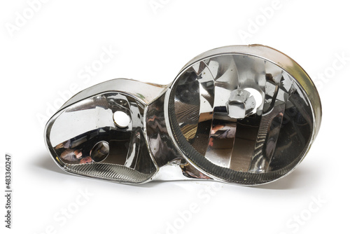 reflector of headlight assembly, non-parabolic complex shape, combined for high beam, low beam and for running lights. on white background, with clipping path photo