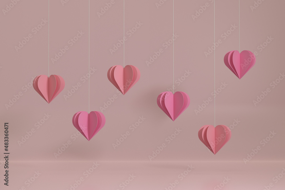 Valentines day surrounded by hanging hearts in 3D rendering for product display with valentine’s day concept. Pink and red colors, 3D illustration.