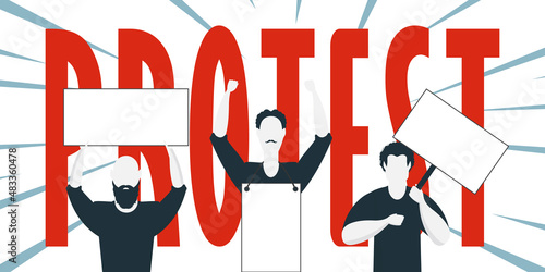 Protest banner. A group of men with banners. Strike concept. Cartoon style.