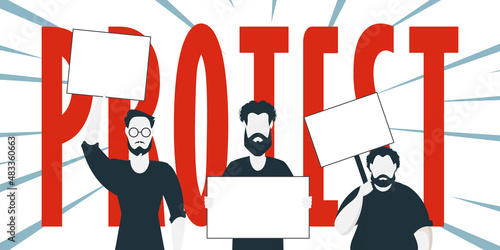 Protest banner. Men protest with banners in their hands. Strike concept. Cartoon style.